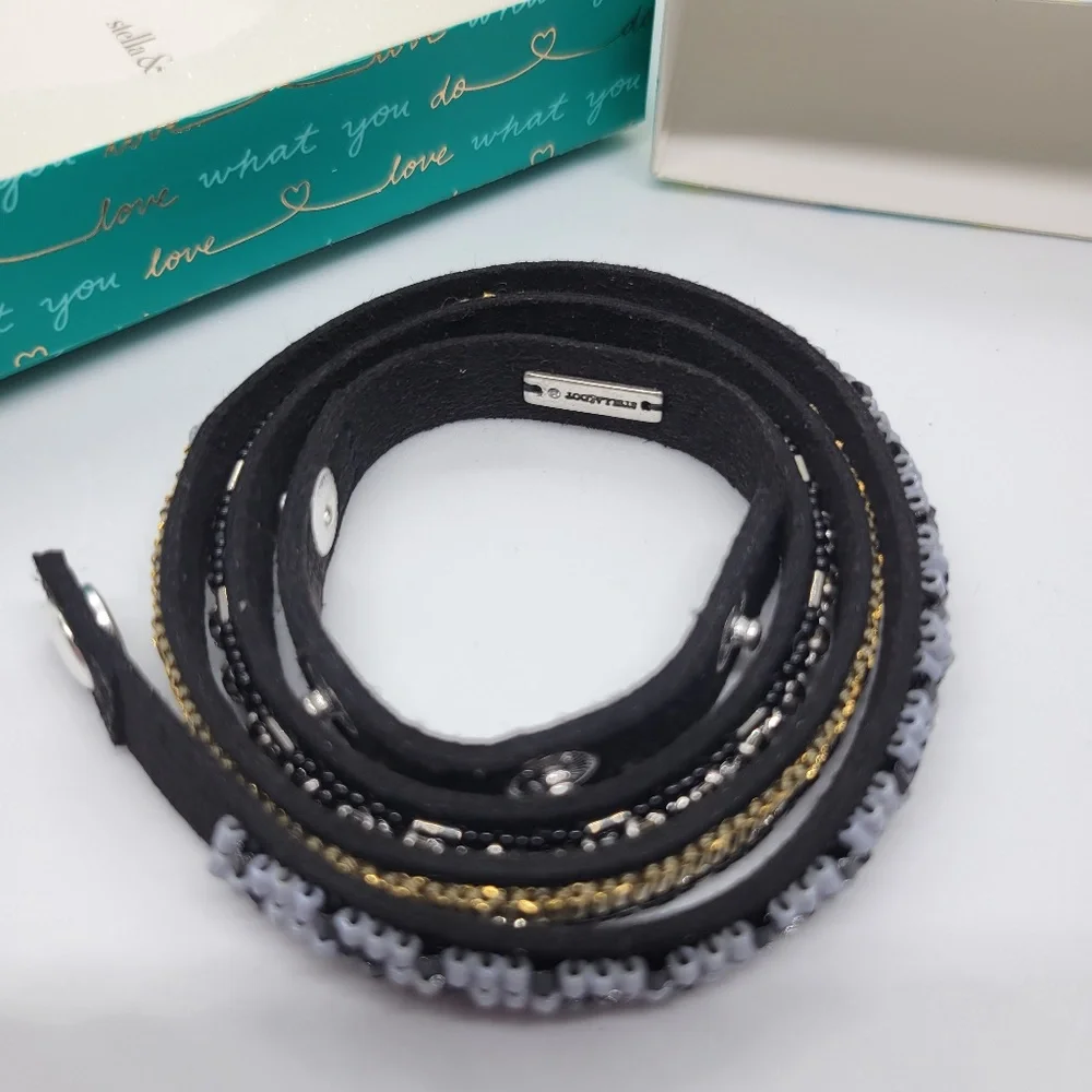 Stella & Dot Emma Triple Wrap Bracelet New Gold Silver White Beads Black Band